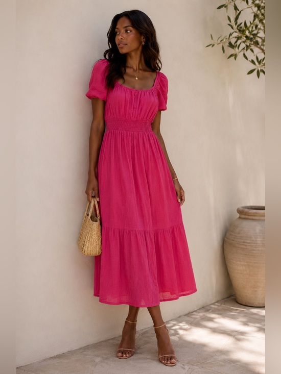 By Anthropologie Dresses & Skirts - Anthropologie Hot Pink Puff-Sleeve Midi Dress